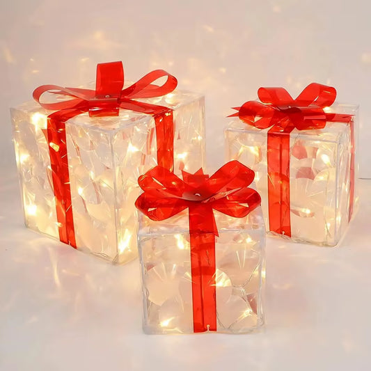 Christmas Glowing Gifts Box Decoration Ornament with Bow Lighting Box Outdoor Light Lighting Xmas 2024 Home Yard Decor