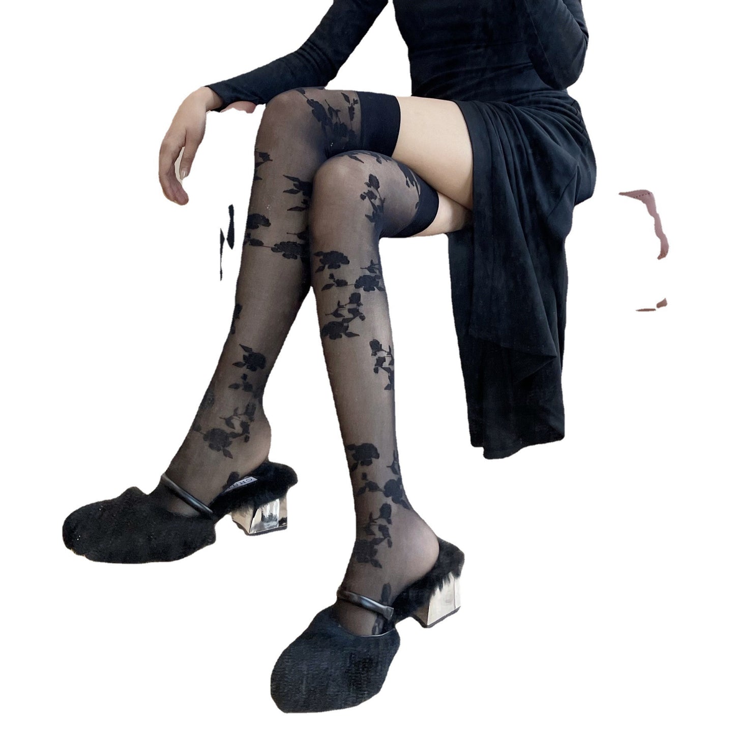 Spring And Summer New Products Gentle Girl Dark Rose Thigh Socks Milky White French Retro Style Flower Stockings Over-The-Knee Socks