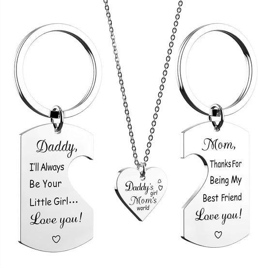 Family Love Necklace & Keychain Gift for Dad Mom and Daughter - Daddy'S Girl Heart Pendant for Girl,Birthday Father'S Day Keepsake for Parents Childen Kids.