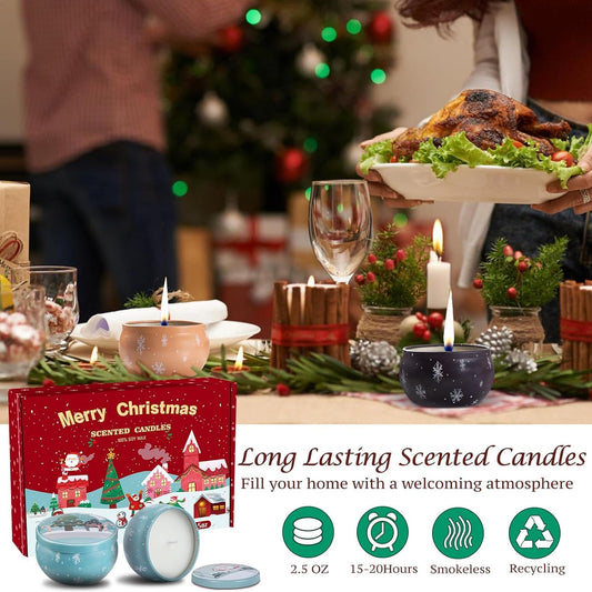 Christmas Scented Candles Gifts for Women, Natural Soy Wax Xmas Aromatherapy Gift Set, 6 Pack Tin Jar Candles for Stress Relief