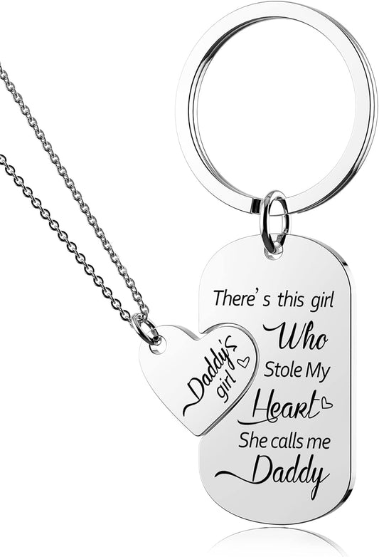 Family Love Necklace & Keychain Gift for Dad Mom and Daughter - Daddy'S Girl Heart Pendant for Girl,Birthday Father'S Day Keepsake for Parents Childen Kids.