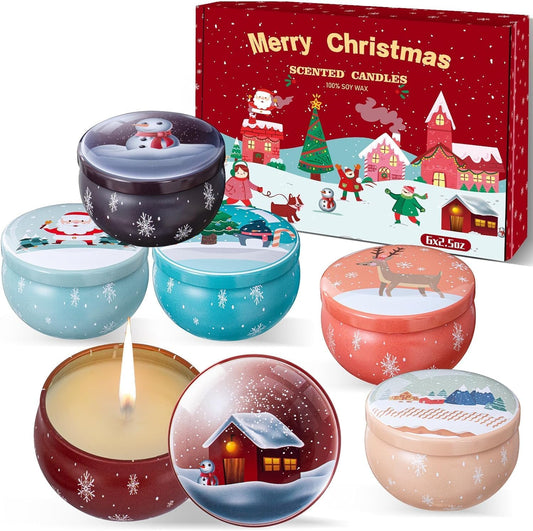 Christmas Scented Candles Gifts for Women, Natural Soy Wax Xmas Aromatherapy Gift Set, 6 Pack Tin Jar Candles for Stress Relief